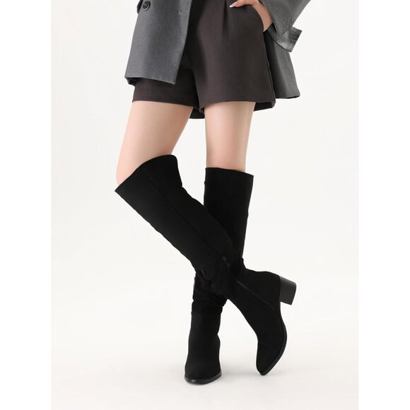 Women's Black Suede Over The Knee Thigh High Chunky Block Heel Pointed Toe Boots - Picture 4 of 7